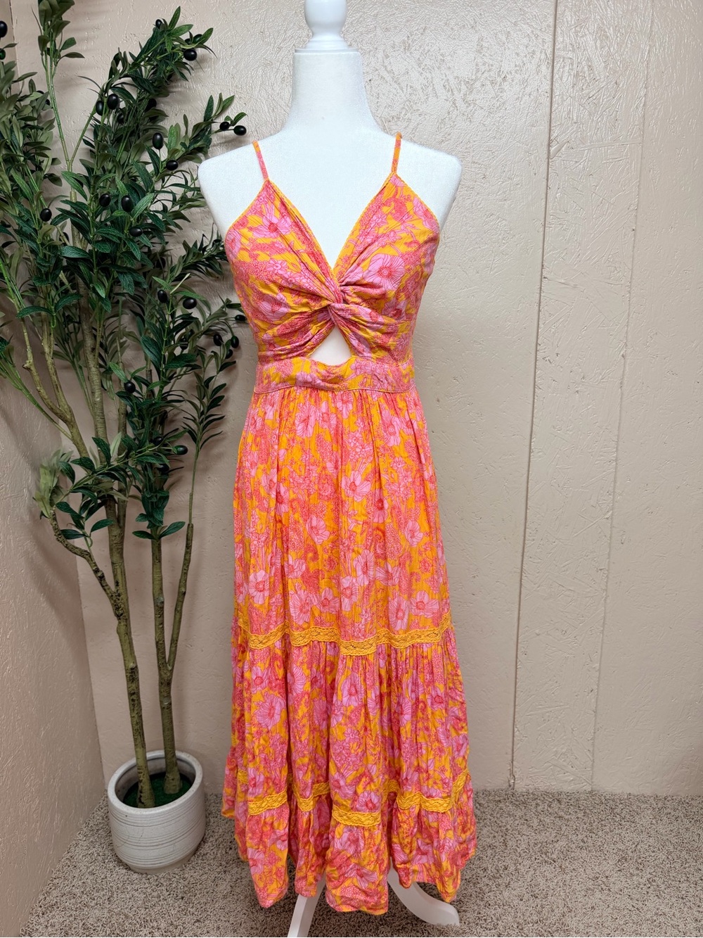 Angie Pink and Orange Twist-Front Maxi Dress